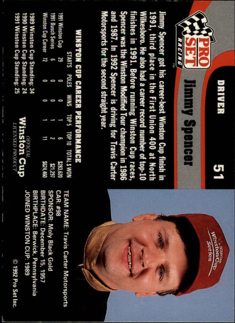 1992 Pro Set #51 Jimmy Spencer back image