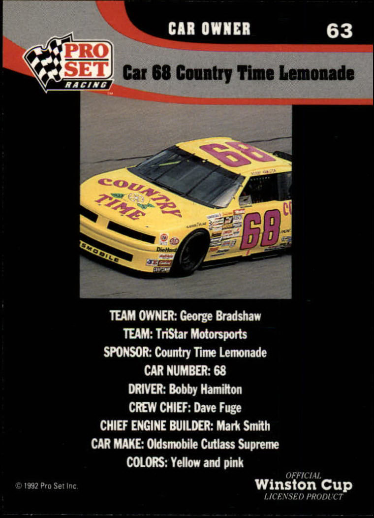 1992 Pro Set #63 Bobby Hamilton's Car back image