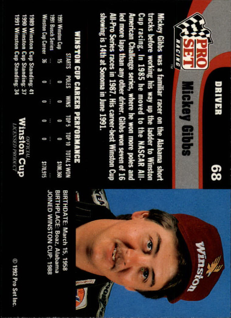 1992 Pro Set #68 Mickey Gibbs back image