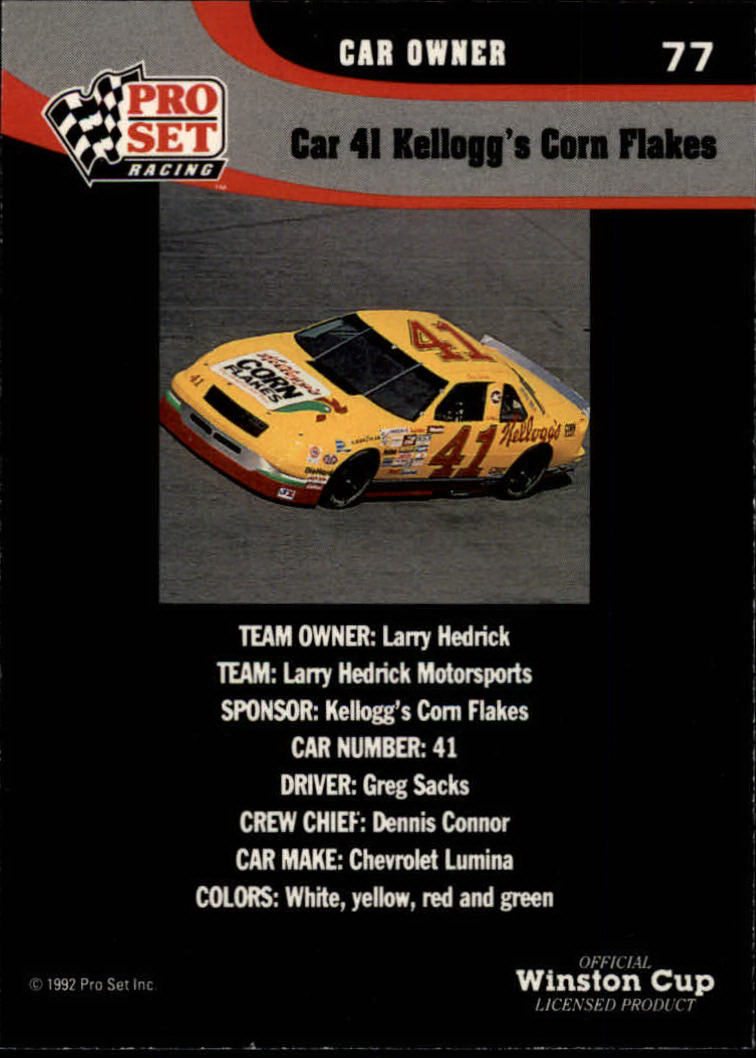 1992 Pro Set #77 Greg Sacks' Car back image
