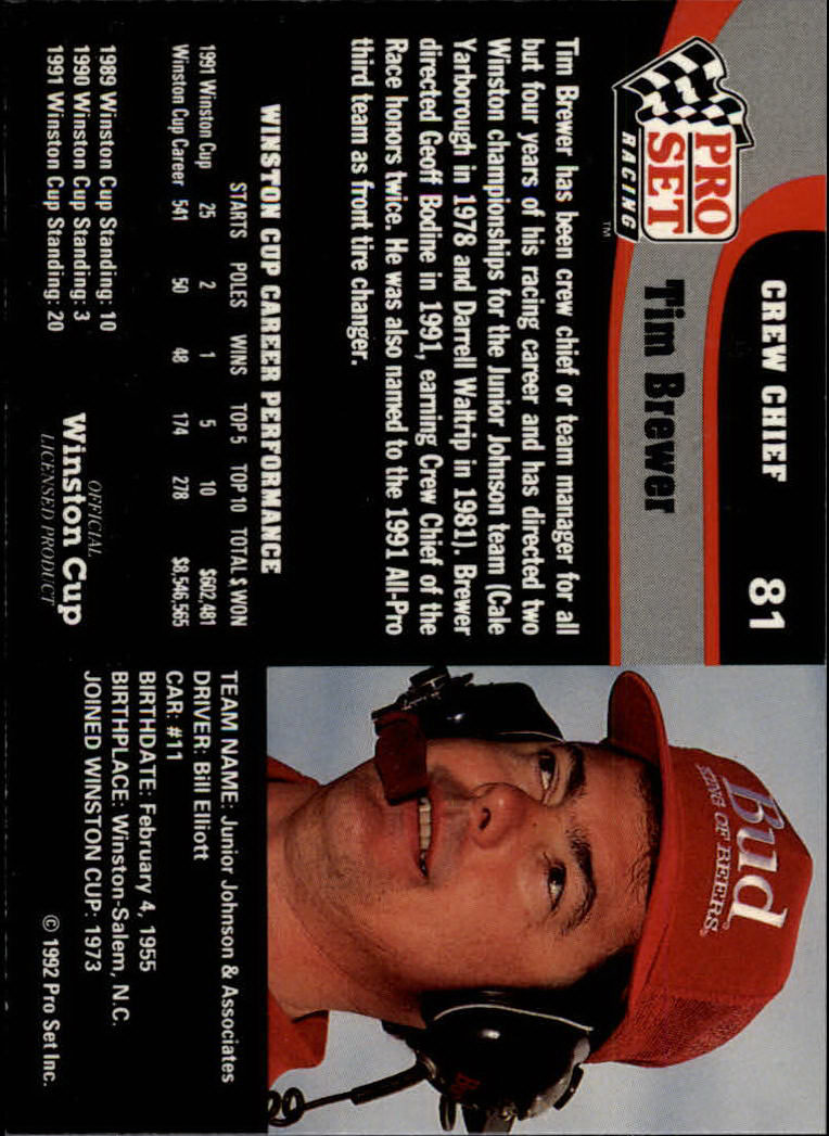 1992 Pro Set #81 Tim Brewer back image