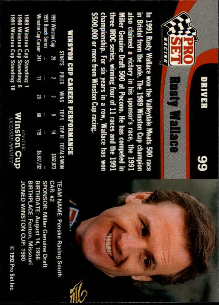 1992 Pro Set #99 Rusty Wallace back image