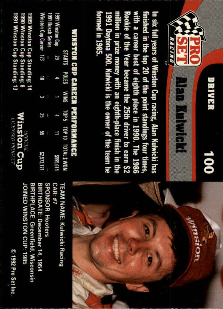 1992 Pro Set #100 Alan Kulwicki back image