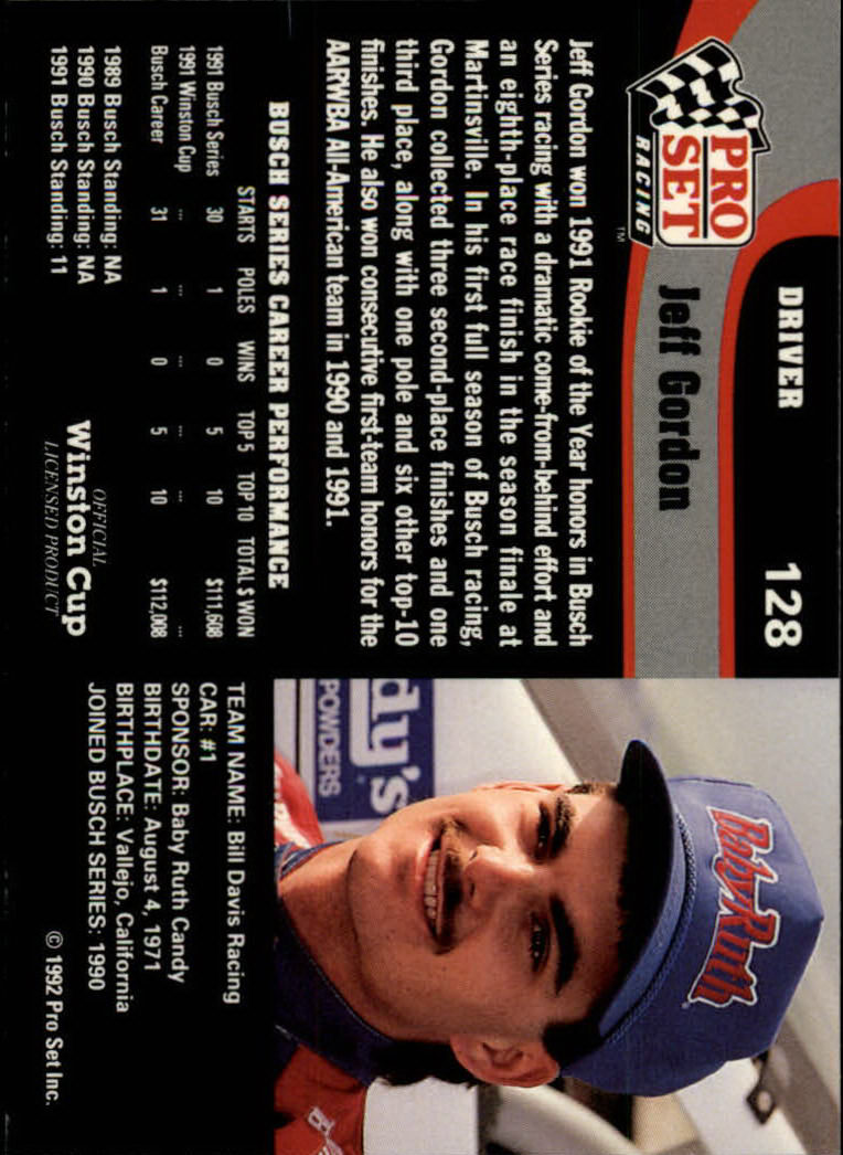 1992 Pro Set #128 Jeff Gordon back image