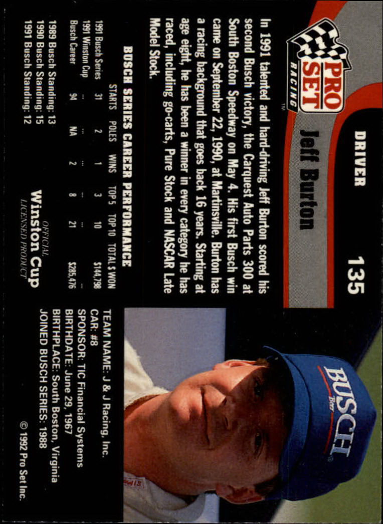 1992 Pro Set #135 Jeff Burton back image
