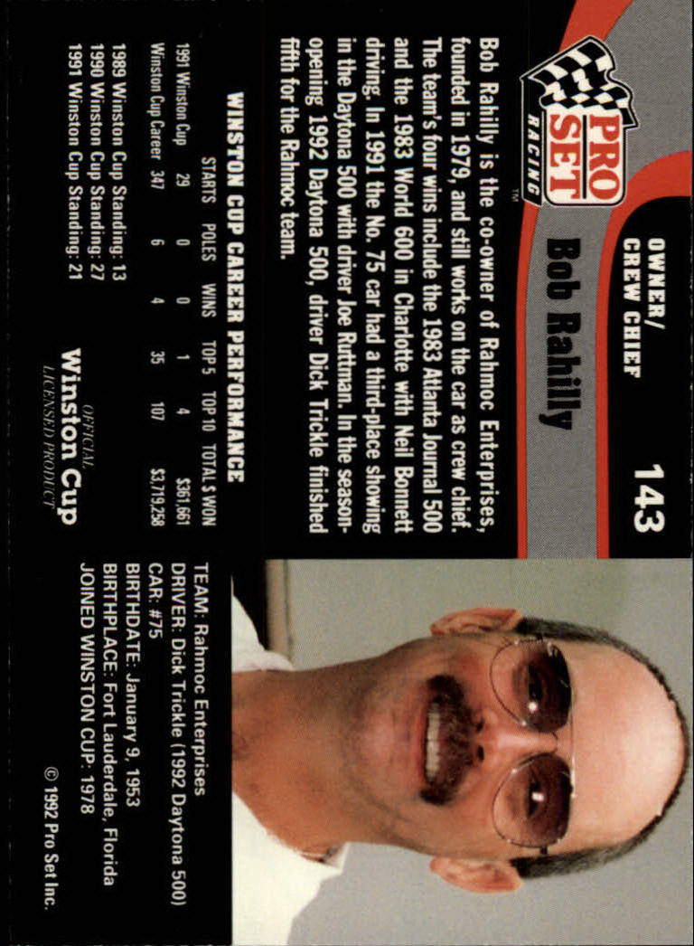 1992 Pro Set #143 Bob Rahilly back image