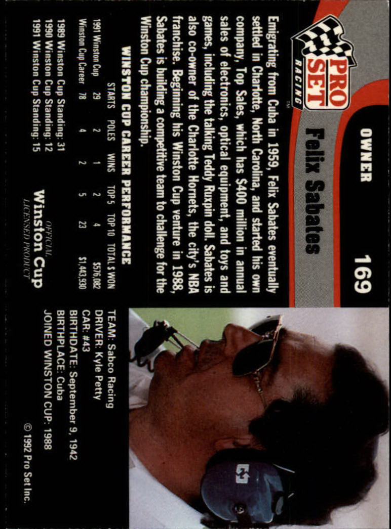 1992 Pro Set #169A Felix Sabates ERR/back reads car #43 back image