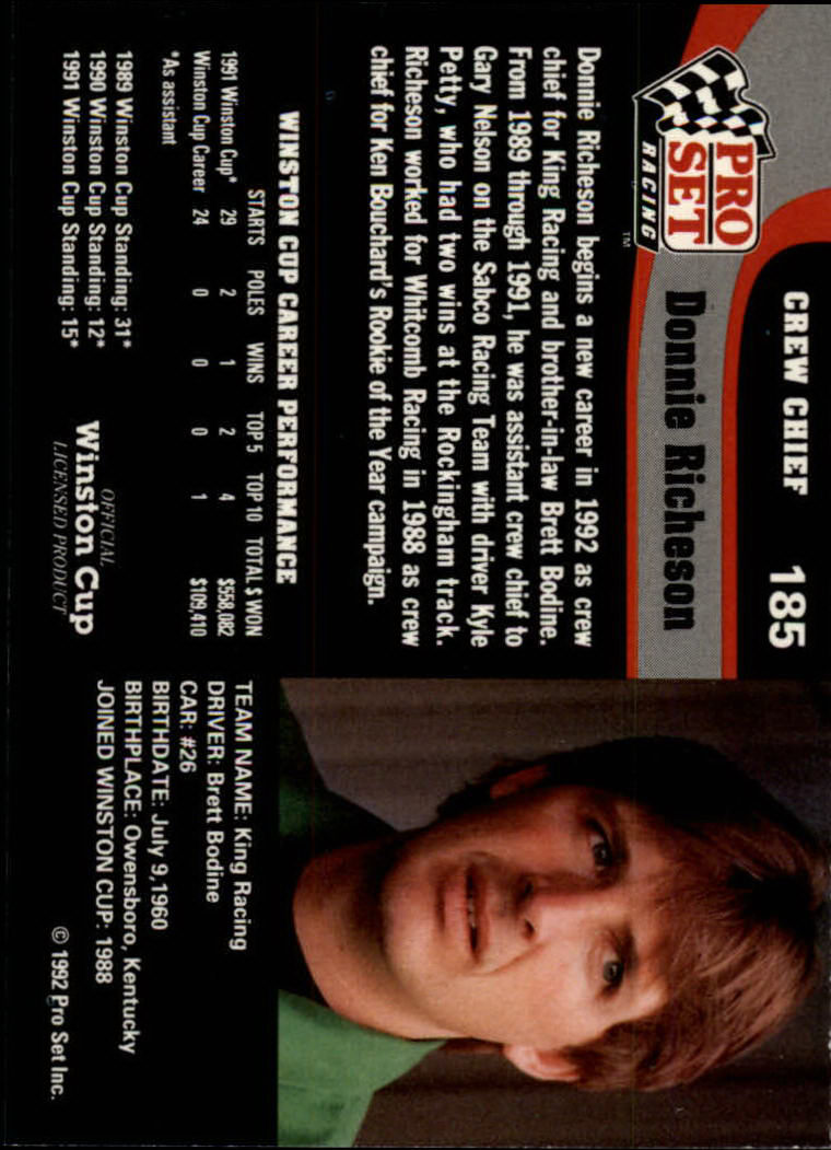 1992 Pro Set #185 Donnie Richeson RC back image