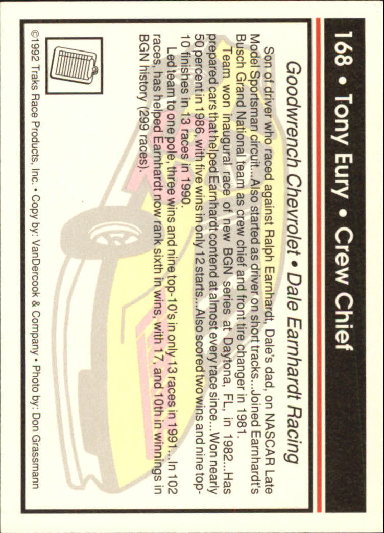 1992 Traks #168 Tony Eury back image