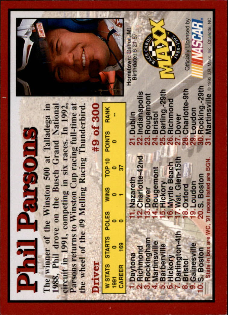 1992 Maxx Red #9 Phil Parsons back image