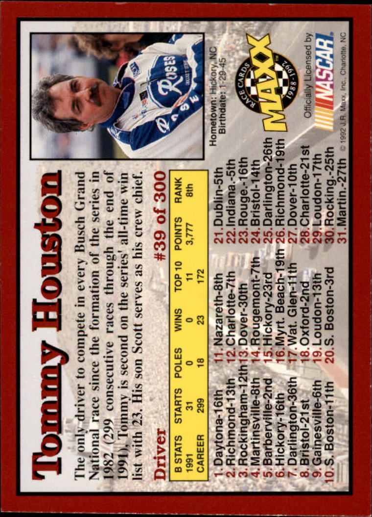 1992 Maxx Red #39 Tommy Houston back image