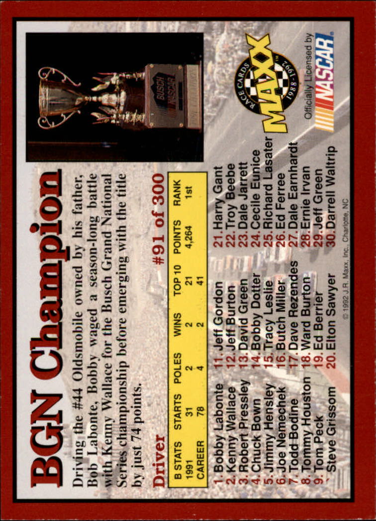 1992 Maxx Red #91 Bobby Labonte/BGN Champ back image