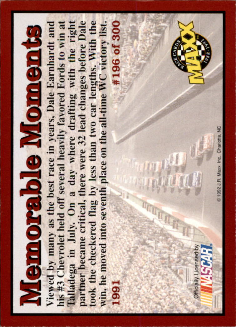 1992 Maxx Red #196 Talladega Speedway/Memorable Moments back image
