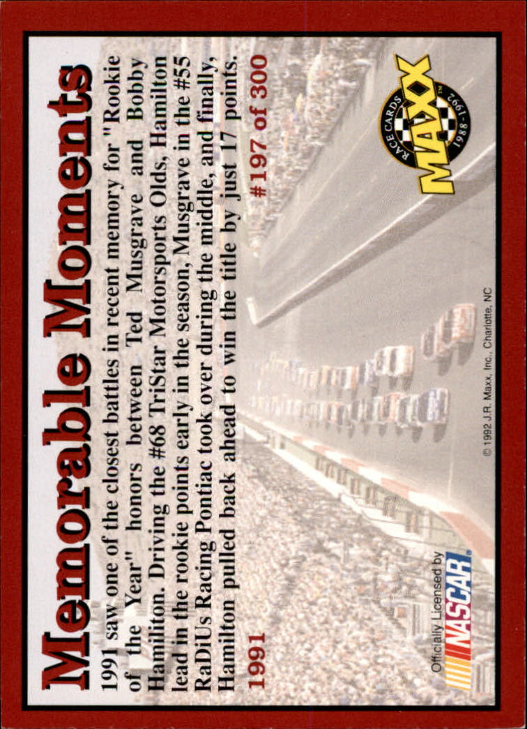 1992 Maxx Red #197 Bobby Hamilton's Car/Ted Musgrave's Car/Memorable Moments back image