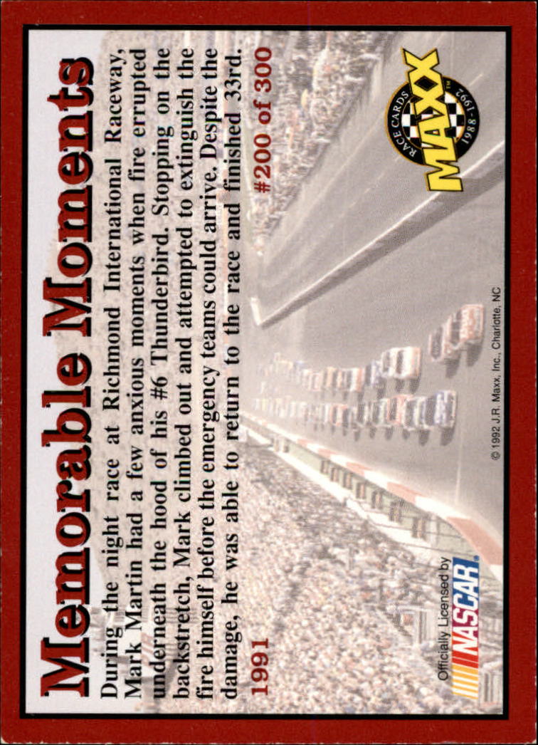 1992 Maxx Red #200 Mark Martin's Car/Memorable Moments back image