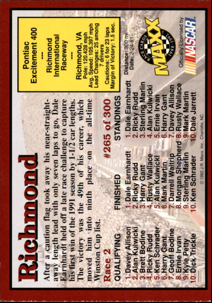 1992 Maxx Red #265 Dale Earnhardt/Teresa Earnhardt/Year in Review back image