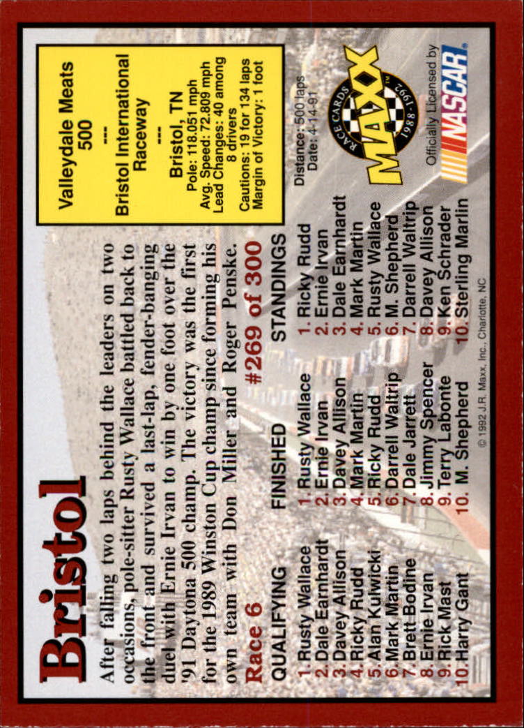 1992 Maxx Red #269 Rusty Wallace/Year in Review back image