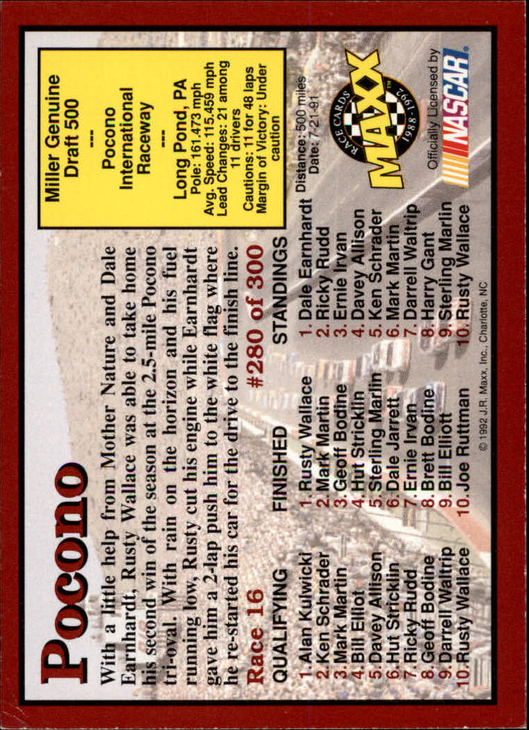 1992 Maxx Red #280 Rusty Wallace/Year in Review back image