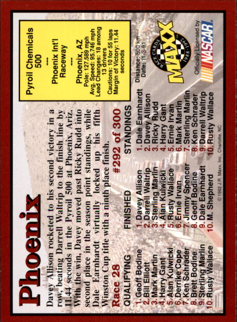 1992 Maxx Red #292 Davey Allison/Robert Yates/Year in Review back image