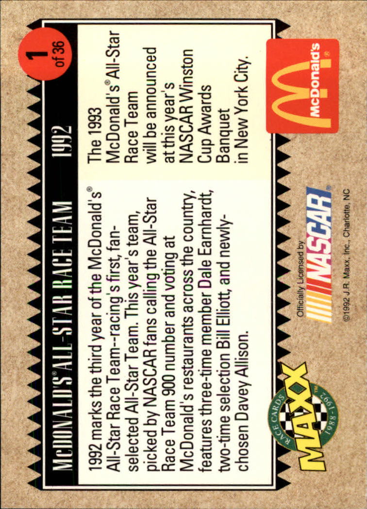 1992 Maxx McDonald's #1 D.Earnhardt/D.Allison/Elliott back image