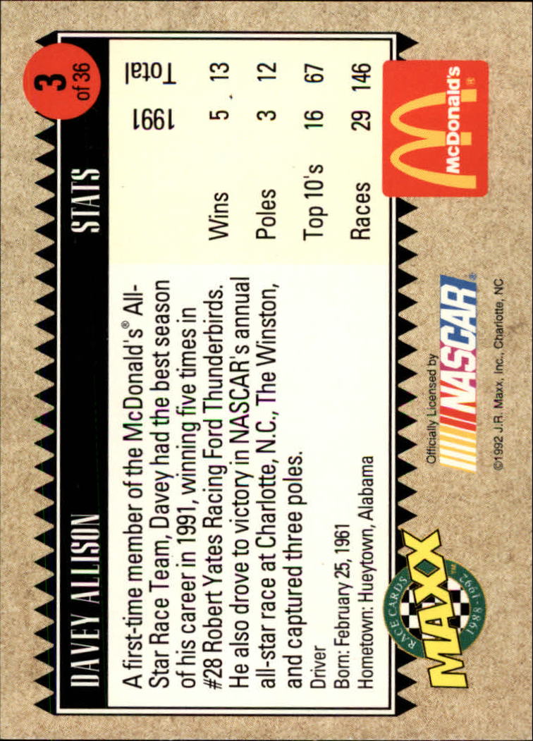 1992 Maxx McDonald's #3 Davey Allison back image