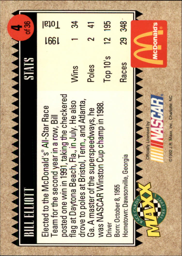1992 Maxx McDonald's #4 Bill Elliott back image