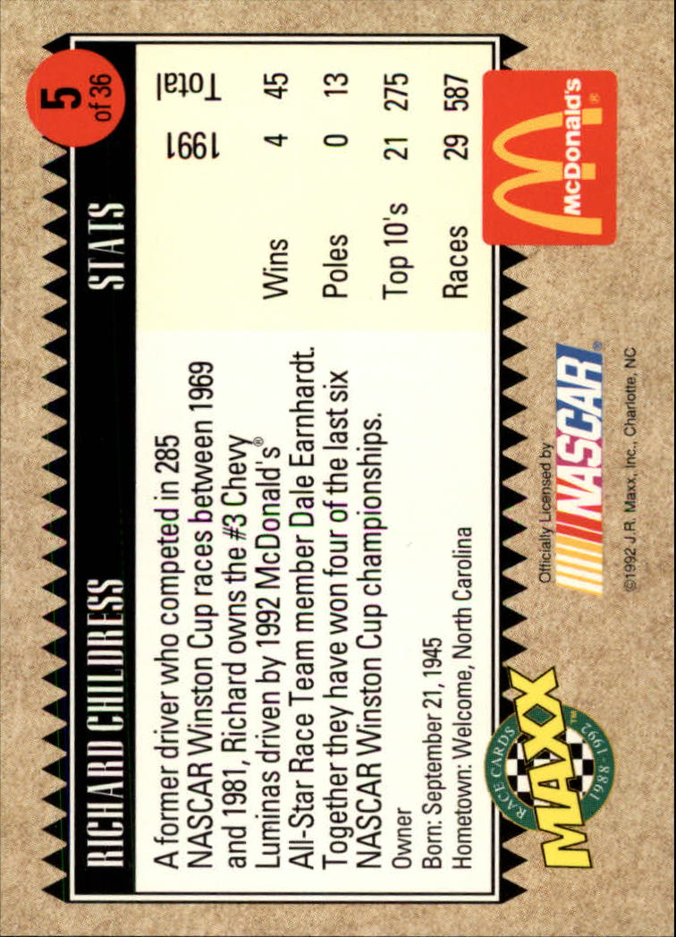 1992 Maxx McDonald's #5 Richard Childress back image