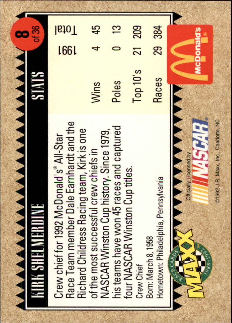 1992 Maxx McDonald's #8 Kirk Shelmerdine back image