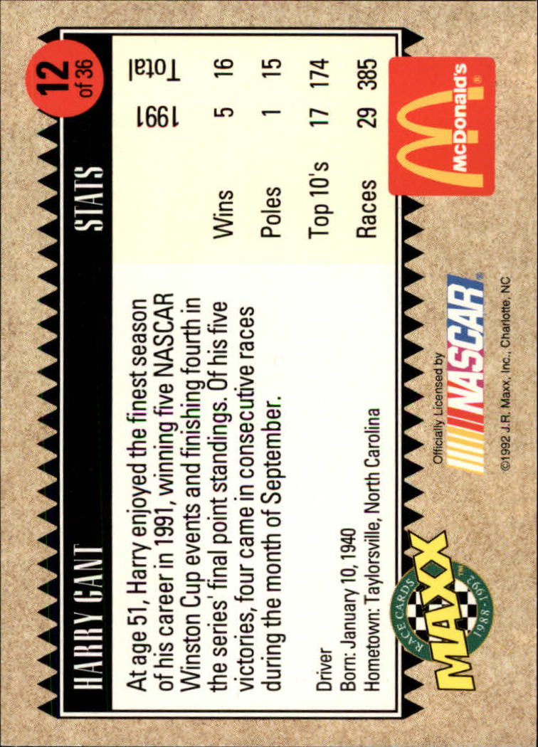 1992 Maxx McDonald's #12 Harry Gant back image