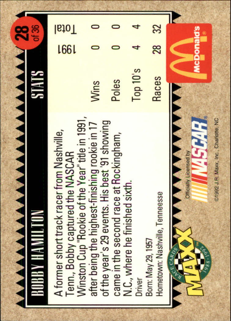 1992 Maxx McDonald's #28 Bobby Hamilton back image