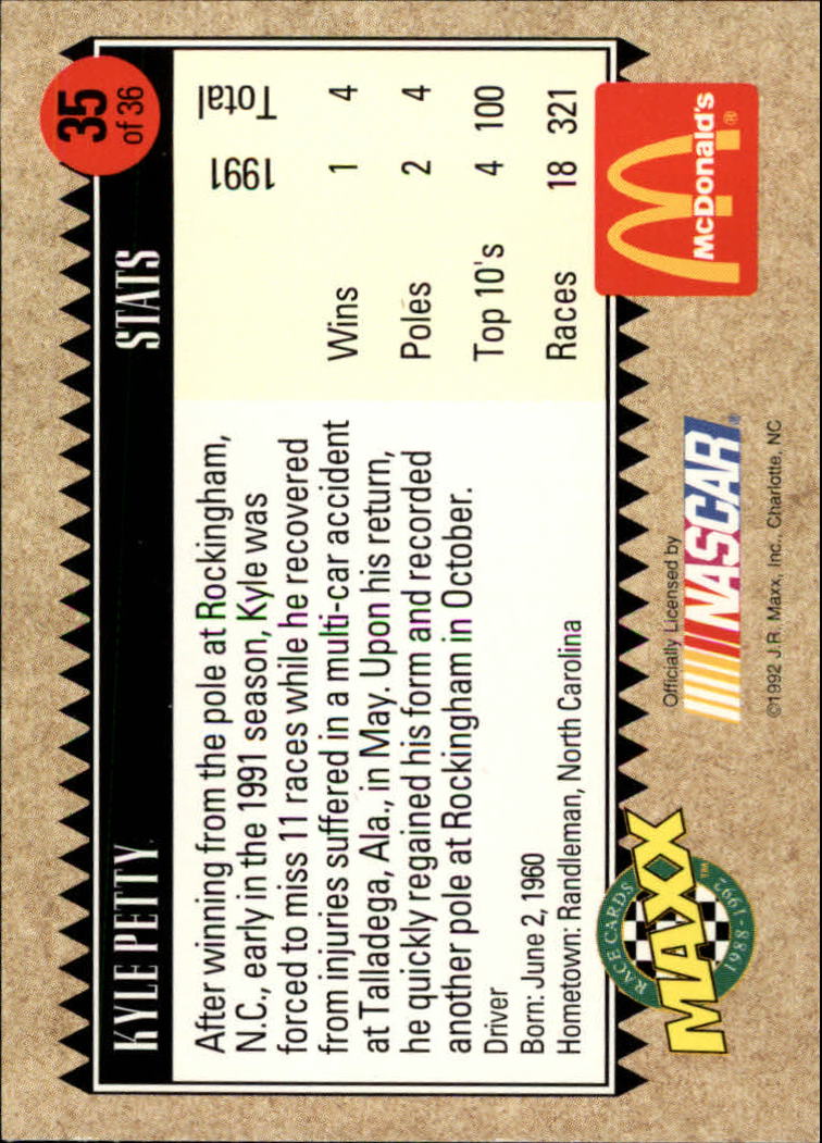 1992 Maxx McDonald's #35 Kyle Petty back image