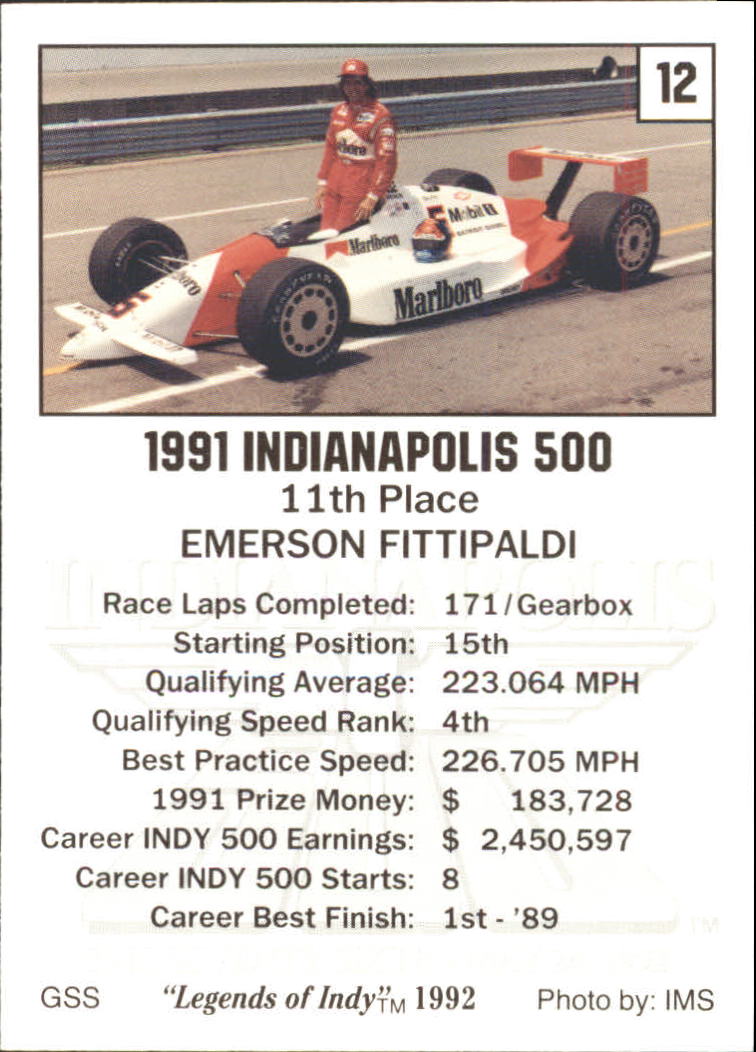 1992 Legends of Indy #12 Emerson Fittipaldi's Car back image
