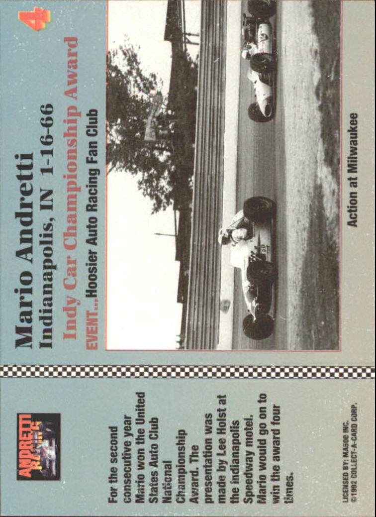1992 Collect-A-Card Andretti Racing #4 Mario Andretti back image