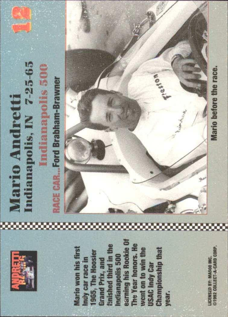 1992 Collect-A-Card Andretti Racing #12 Mario Andretti in Car back image