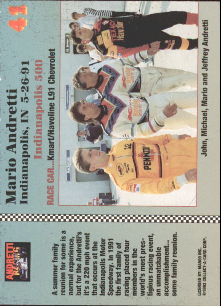 1992 Collect-A-Card Andretti Racing #41 Mario Andretti/A.J. Foyt Cars back image