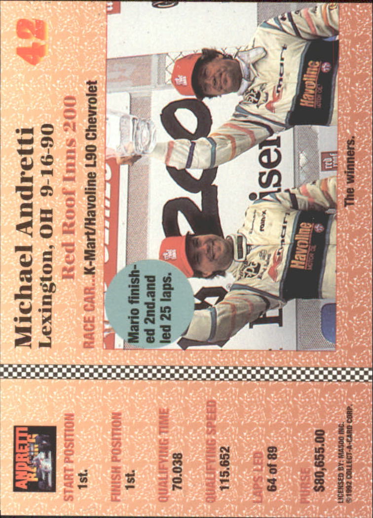1992 Collect-A-Card Andretti Racing #42 Michael Andretti/Mario Andretti/Al Unser Jr. back image