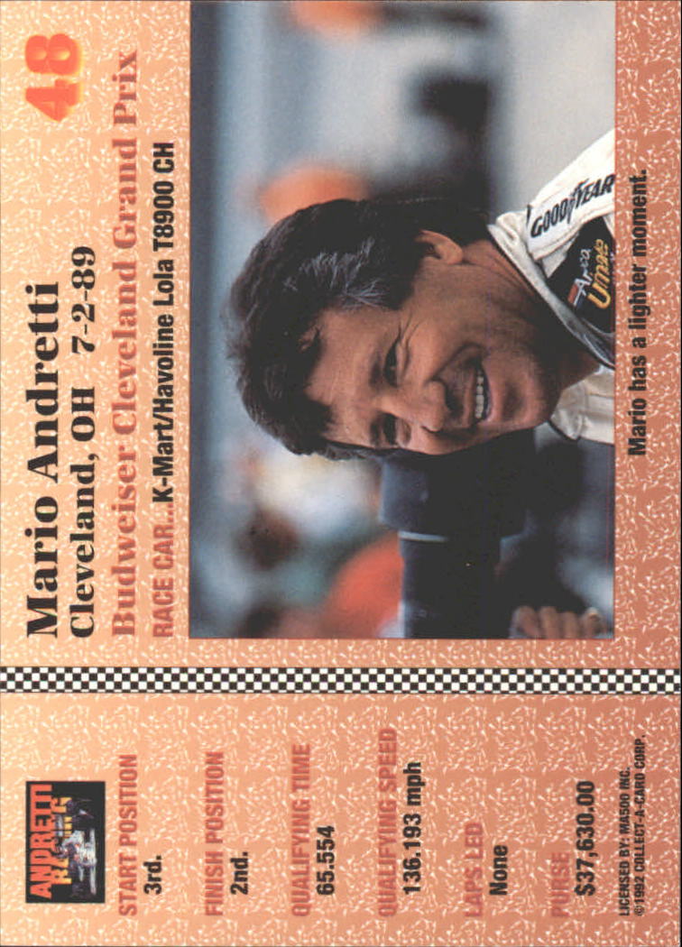 1992 Collect-A-Card Andretti Racing #48 Michael Andretti's Car back image