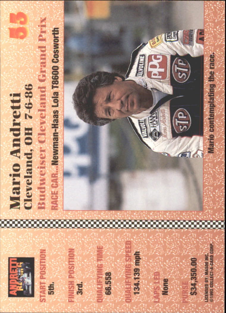 1992 Collect-A-Card Andretti Racing #53 Mario Andretti's Car back image