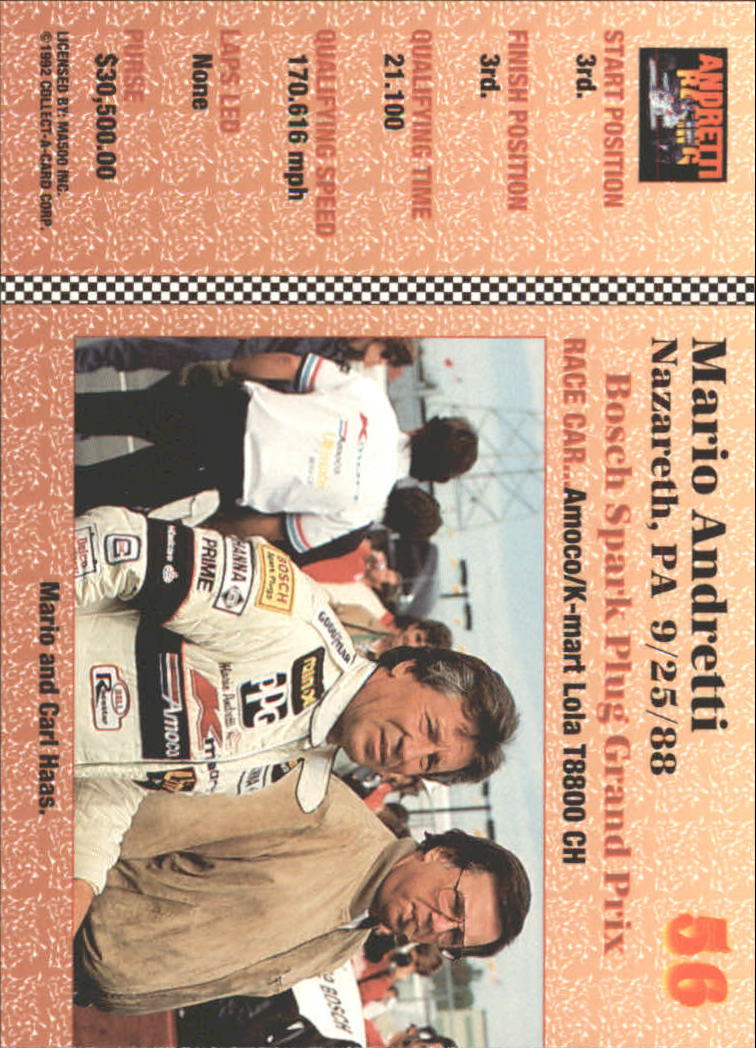 1992 Collect-A-Card Andretti Racing #56 Mario Andretti's Car back image