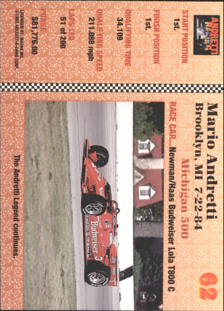 1992 Collect-A-Card Andretti Racing #62 Mario Andretti's Car back image