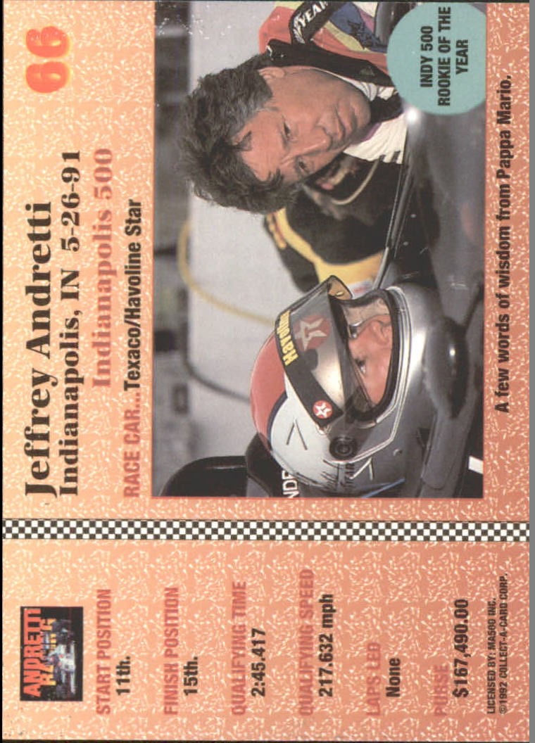 1992 Collect-A-Card Andretti Racing #66 Jeff Andretti back image
