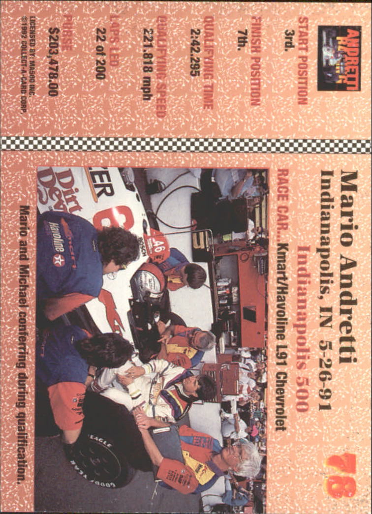 1992 Collect-A-Card Andretti Racing #78 Mario Andretti/A.J. Foyt/Rick Mears back image