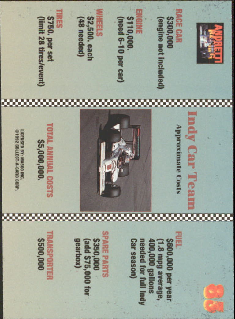 1992 Collect-A-Card Andretti Racing #83 Mario Andretti's Transporter back image