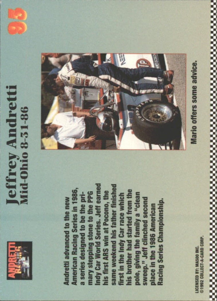 1992 Collect-A-Card Andretti Racing #93 Mario Andretti/Jeff Andretti in Car back image