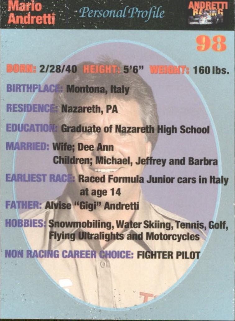 1992 Collect-A-Card Andretti Racing #98 Mario Andretti back image