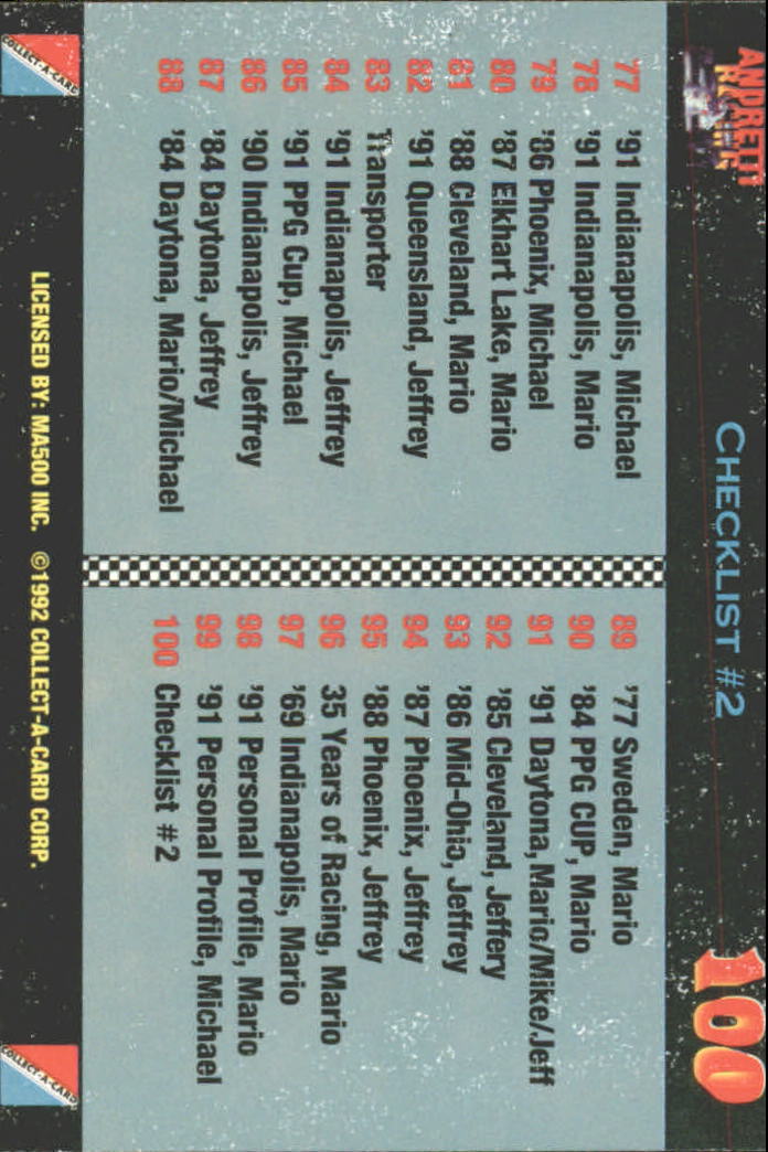 1992 Collect-A-Card Andretti Racing #100 Checklist Card back image