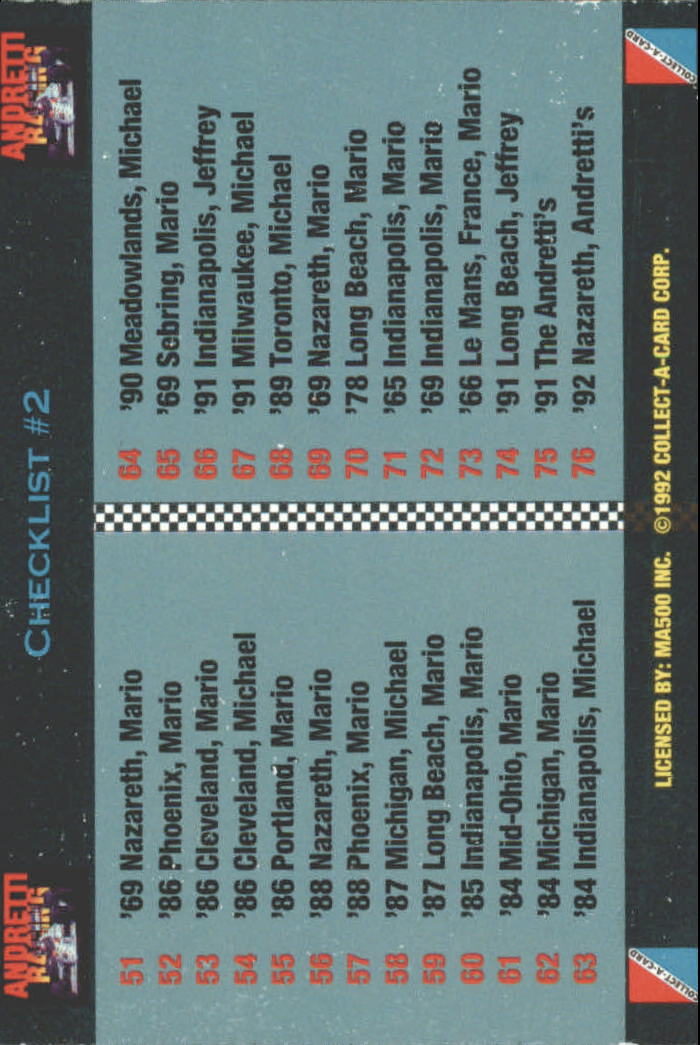 1992 Collect-A-Card Andretti Racing #100 Checklist Card