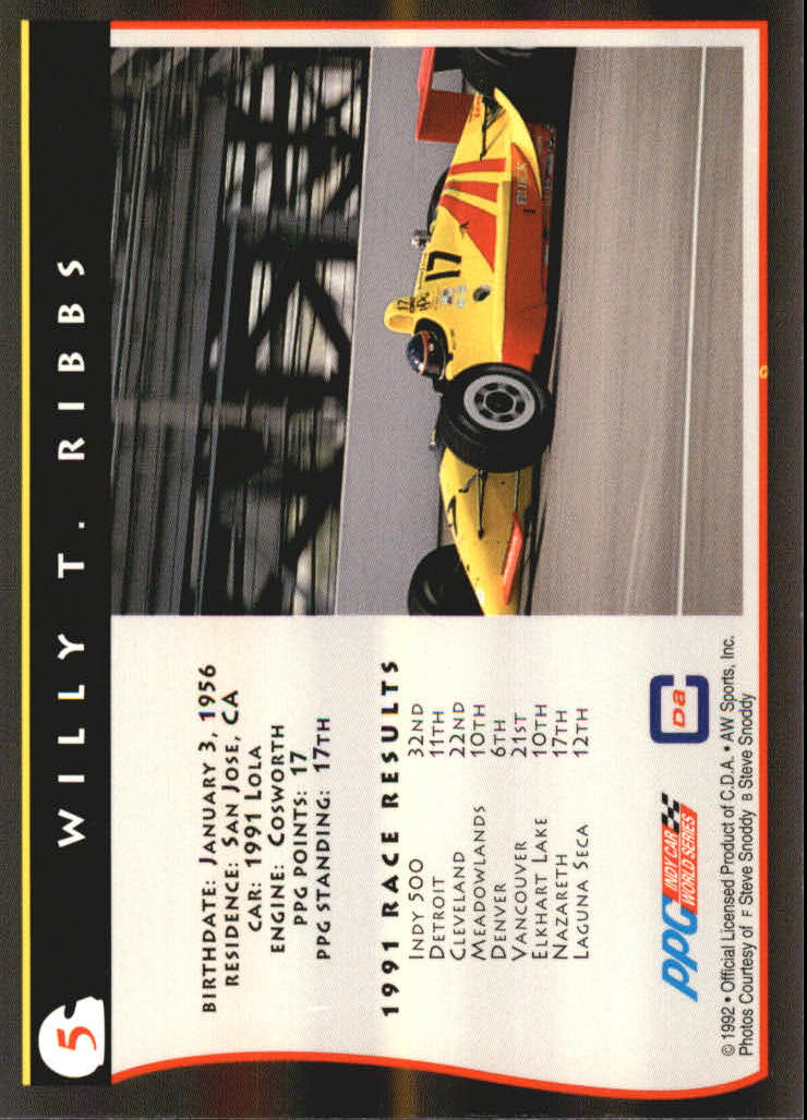 1992 All World Indy #5 Willy T. Ribbs back image