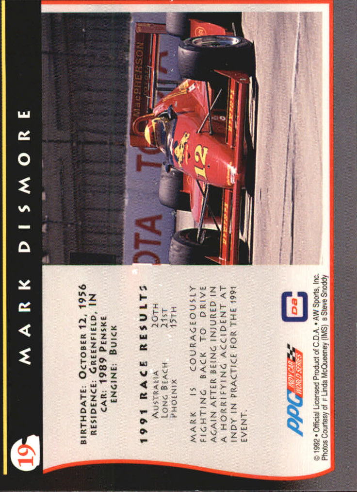 1992 All World Indy #19 Mark Dismore back image