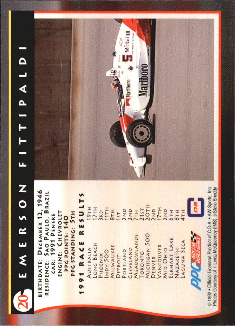 1992 All World Indy #20 Emerson Fittipaldi back image